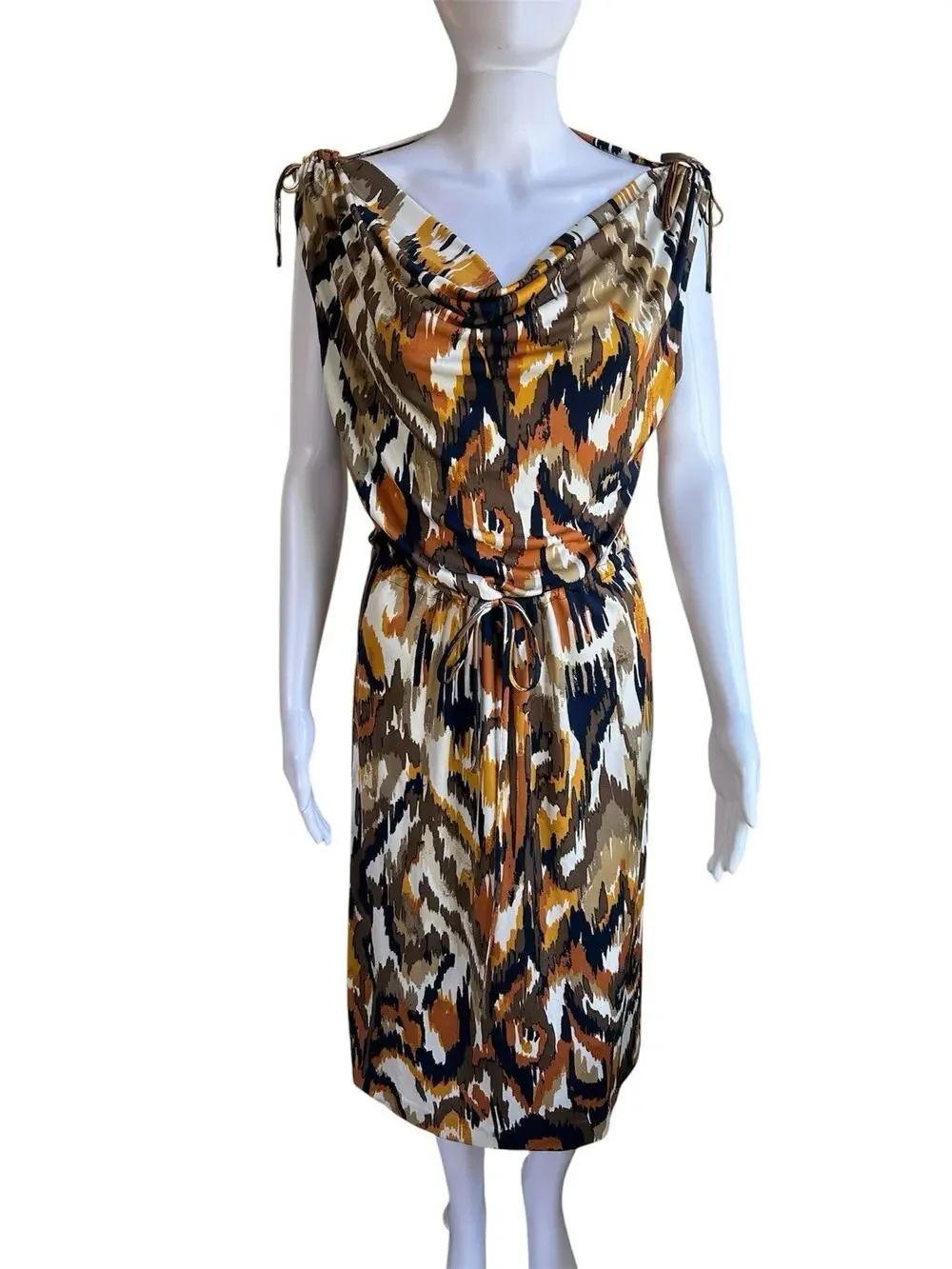Tory Burch 100% Silk Ikat Print Midi Dress Women M Cowl Neck Tie Waist